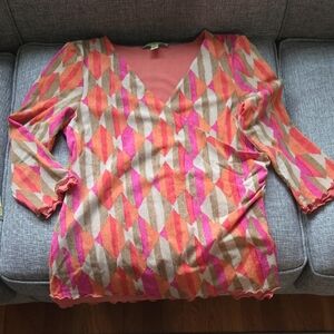 Sigrid Olsen V-Neck Geometric Knit Top in Coral, Pink & Tan